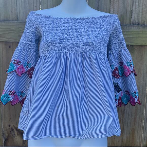 Loft Fiesta blue & white stripe with embroidered sleeves Off The Shoulder Top - Picture 2 of 7